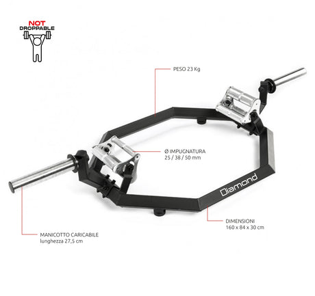 BILANCIERE OLIMPICO ESAGONALE – SHRUG BAR PRO – 300 Kg-MOLLE INCLUSE-23 KG- Cod.BOED-P