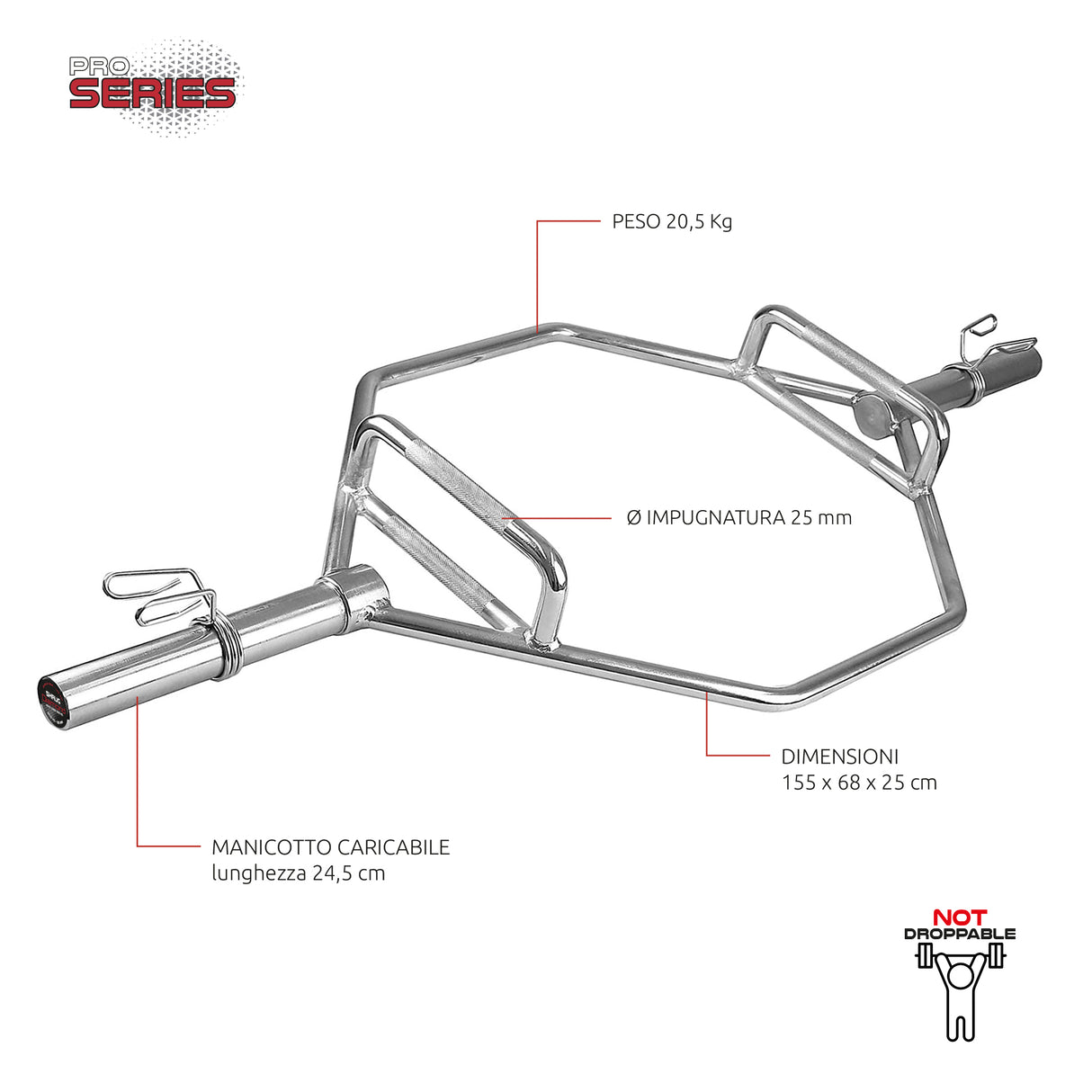 BILANCIERE OLIMPICO ESAGONALE – SHRUG BAR – 200 Kg - CARICO MAX 200 KG - MOLLE INCLUSE - 20,5 KG - COD. BOEDN