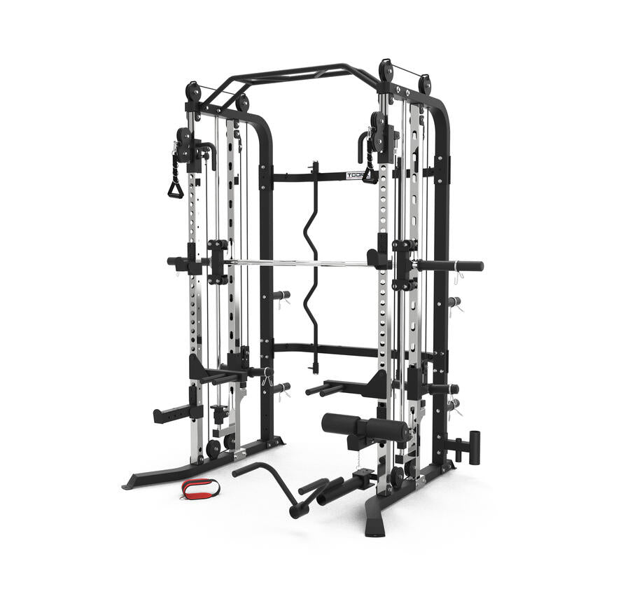 ASX-2000 Stazione multifunzione a caricamento dischi All in One - Dual Pulley + Smith machine + Rack functional con traliccio per le trazioni e dip station TOORX