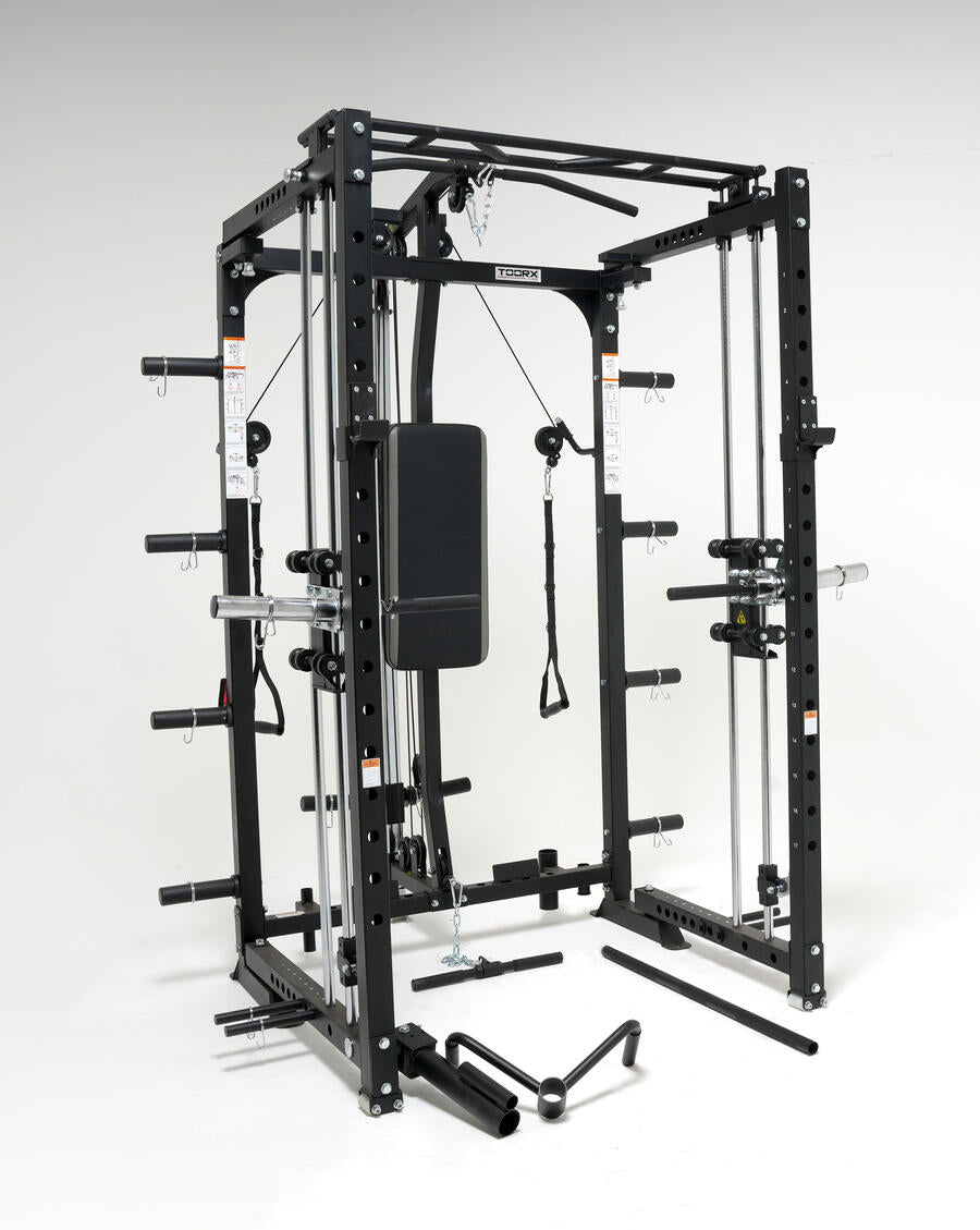 ASX-3000 Stazione multifunzione pieghevole a caricamento dischi all in one - Rack functional con traliccio per le trazioni + Smith machine + Lat machine & low row + Dual pulley TOORX