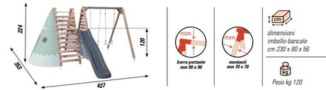 Set Apollo; 2 altalene + scivolo + scala in legno + parete di scalata + rete di arrampicata + tenda da nascondino - Altezza 224 cm cod.AGL1366 - TIMESPORT24