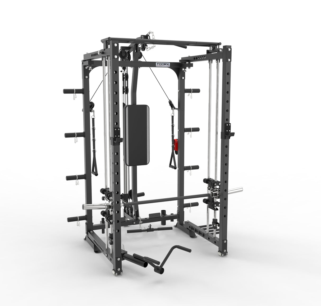 ASX-3000 All in one foldable multifunctional disc loading station - Rack functional with pylon for chin-ups + Smith machine + Lat machine &amp; low row + Dual pulley TOORX 