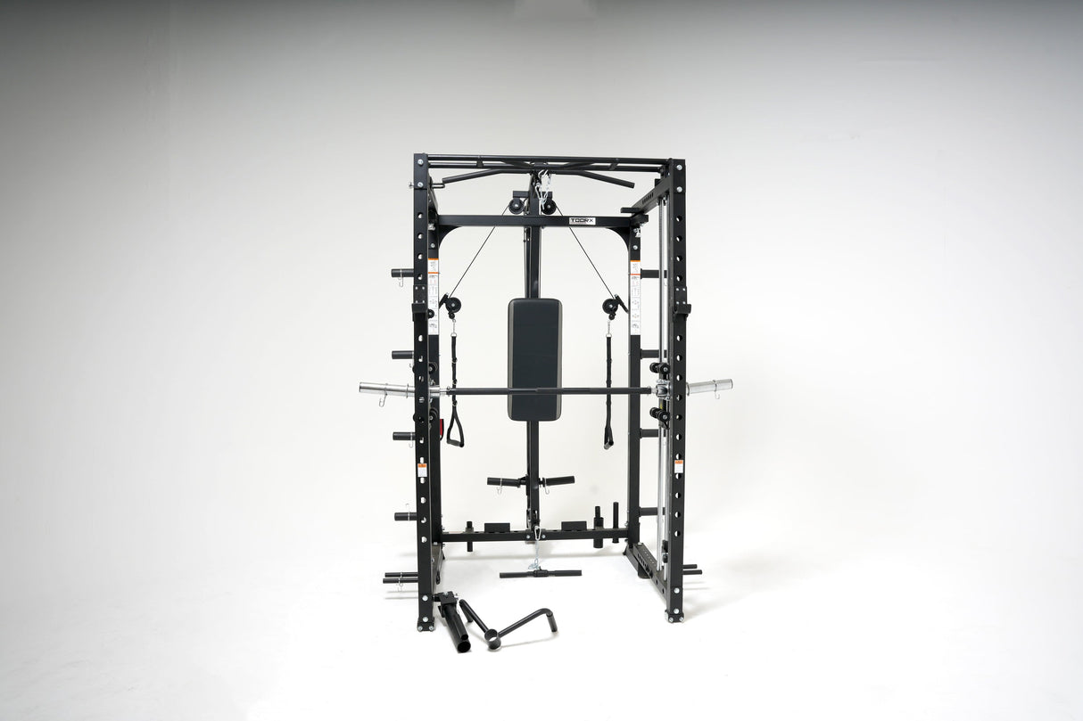 ASX-3000 All in one foldable multifunctional disc loading station - Rack functional with pylon for chin-ups + Smith machine + Lat machine &amp; low row + Dual pulley TOORX 