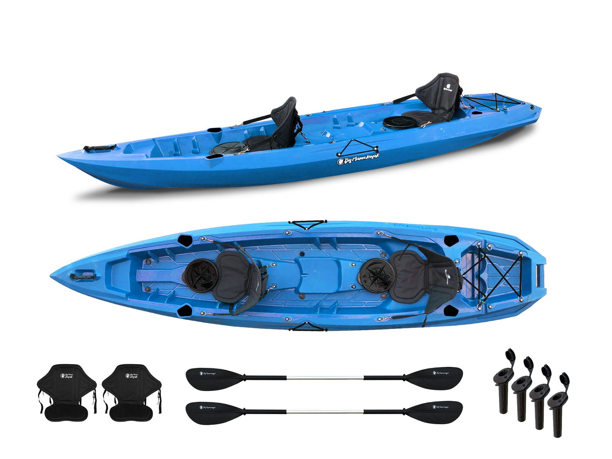 Canoa biposto da pesca - Mojito Fishing Big mama kayak - kayak 380 cm - 2 posti adulti + 1 posto bambino + 2 gavoni + 2 ruote integrate + 2 pagaie + 2 seggiolini + 4 portacanne - AZZURRO - TIMESPORT24