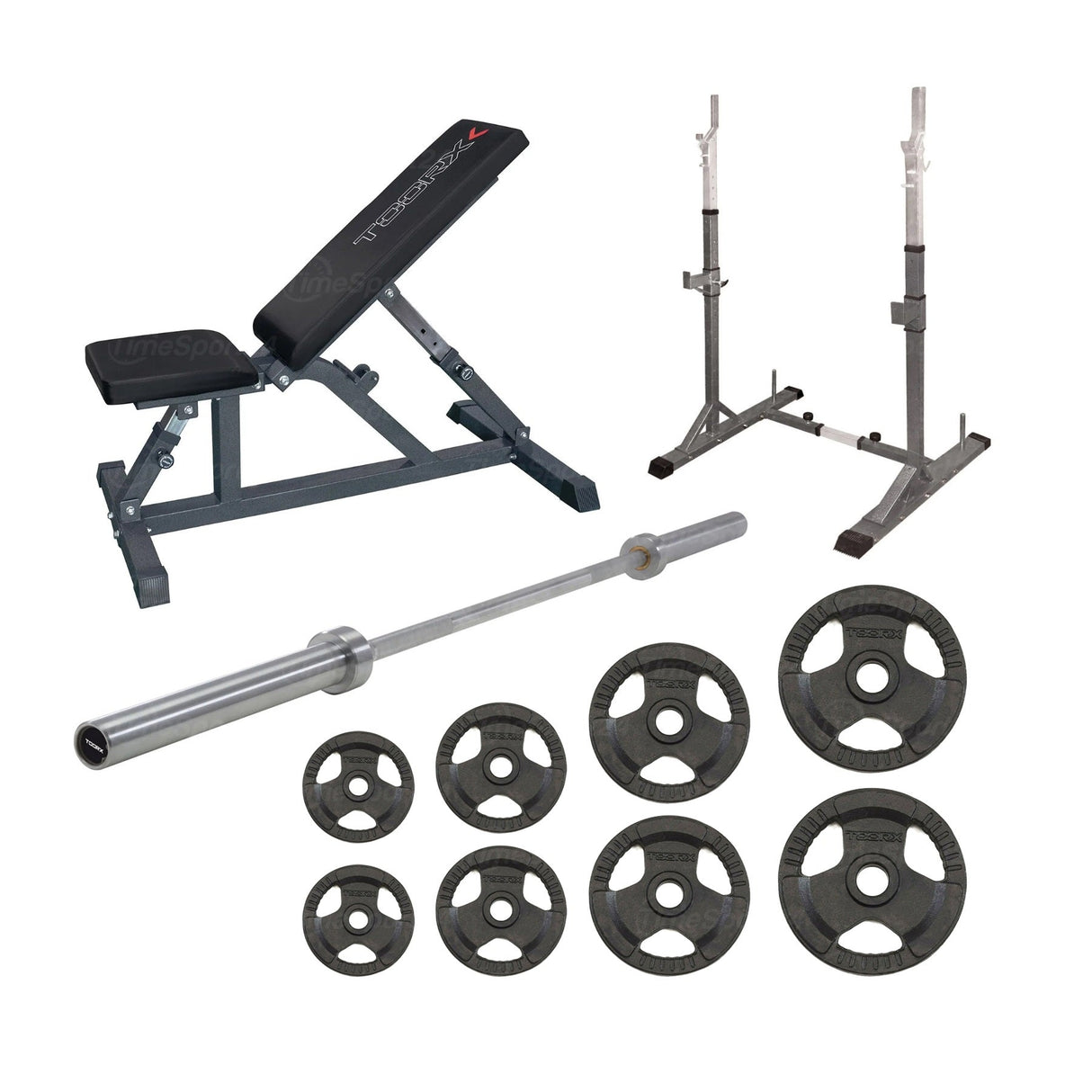 PACK WBX-85 PANCA PIANA E INCLINABILE + SUPPORTO BILANCIERE PROFESSIONAL WBX-50 CON PORTA DISCHI + BILANCIERE OLIMPIONICO 150 cm. cod.BO-150 + DISCHI GHISA 100 KG TOTALI (2x5 kg + 2x 10 kg +  - TIMESPORT24